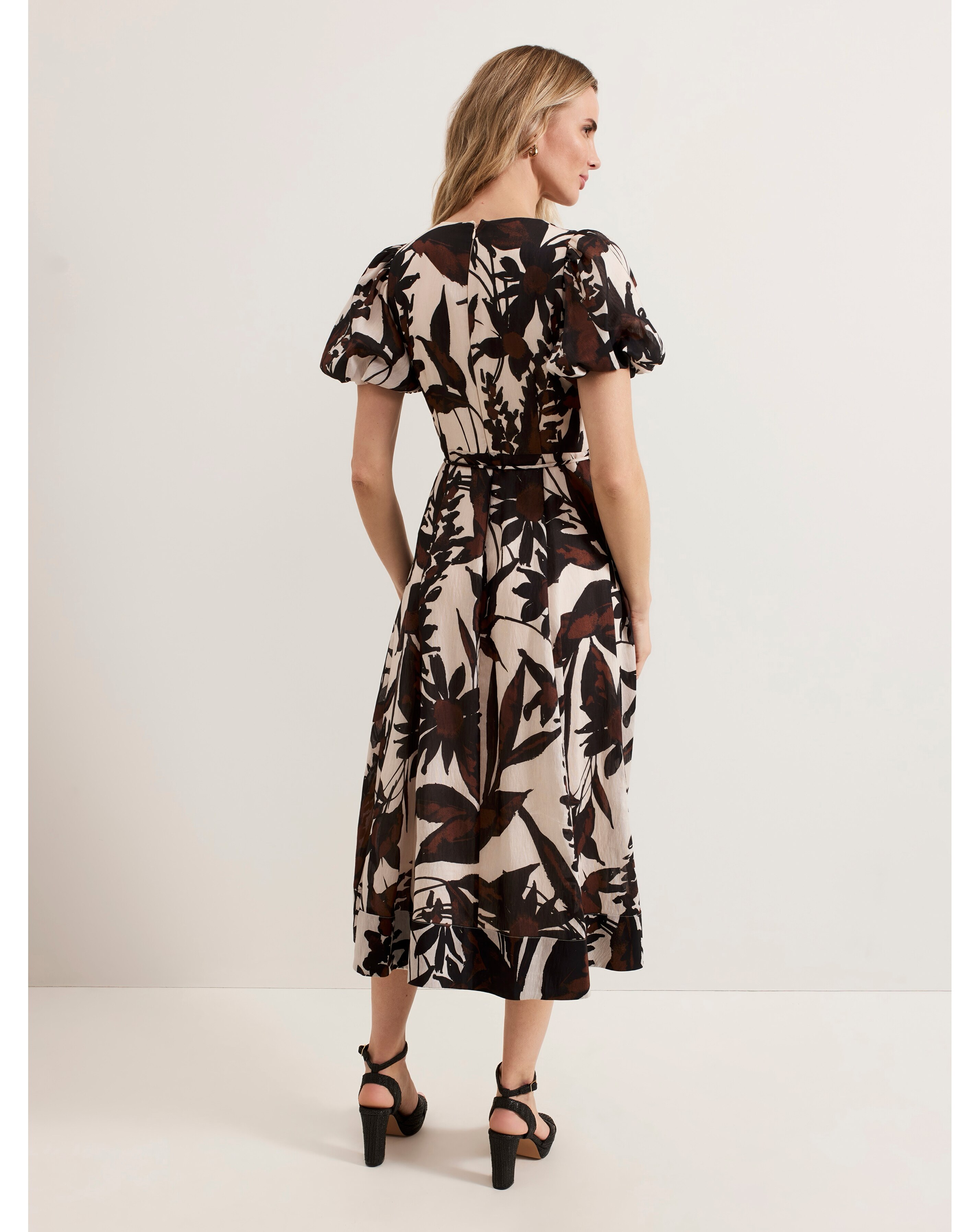Phase Eight Zarah Printed Puff Sleeve V Neck Midi Dress | JD Williams