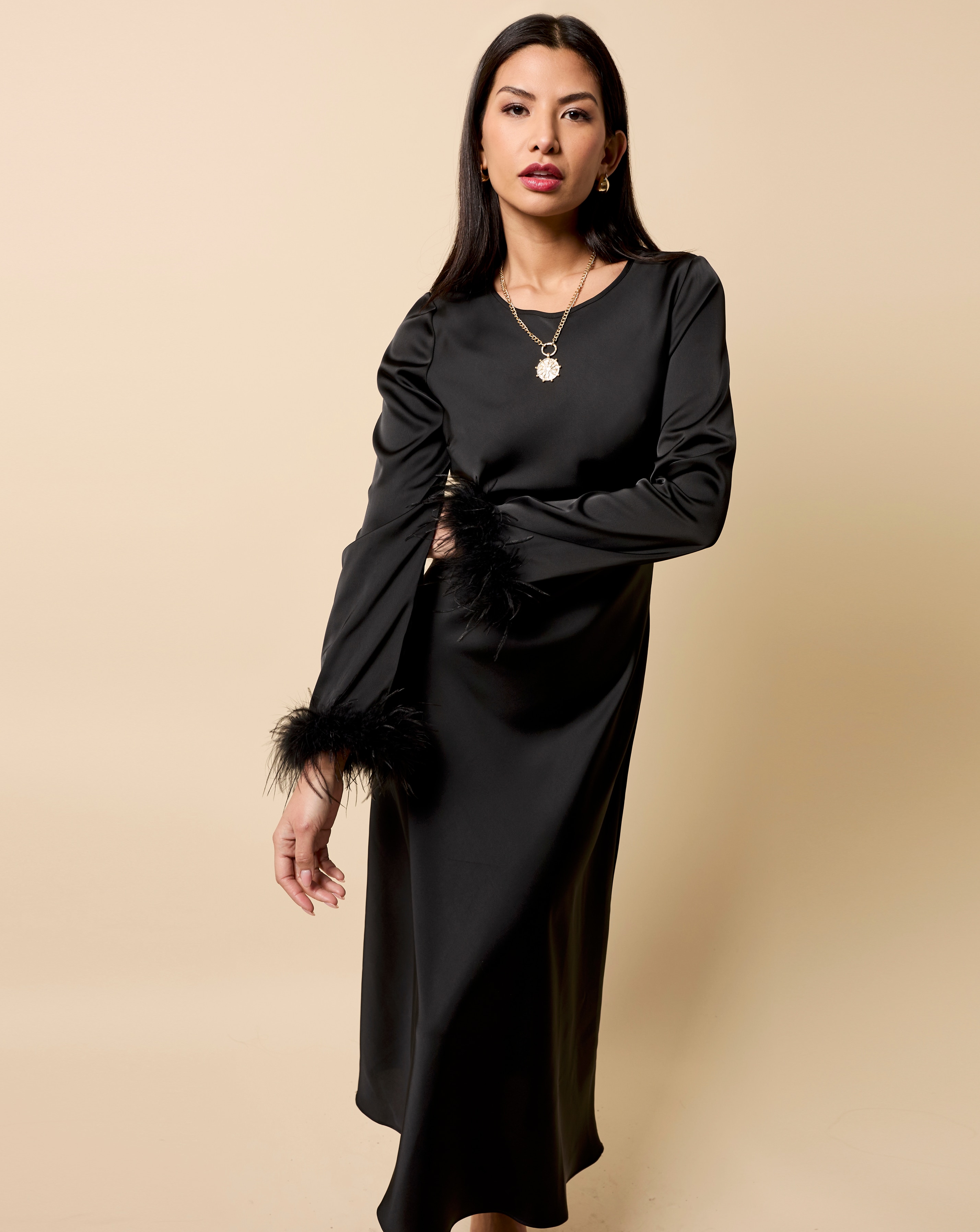 Little Mistress Black Satin Feather Trim Sleeve Midaxi Dress | JD