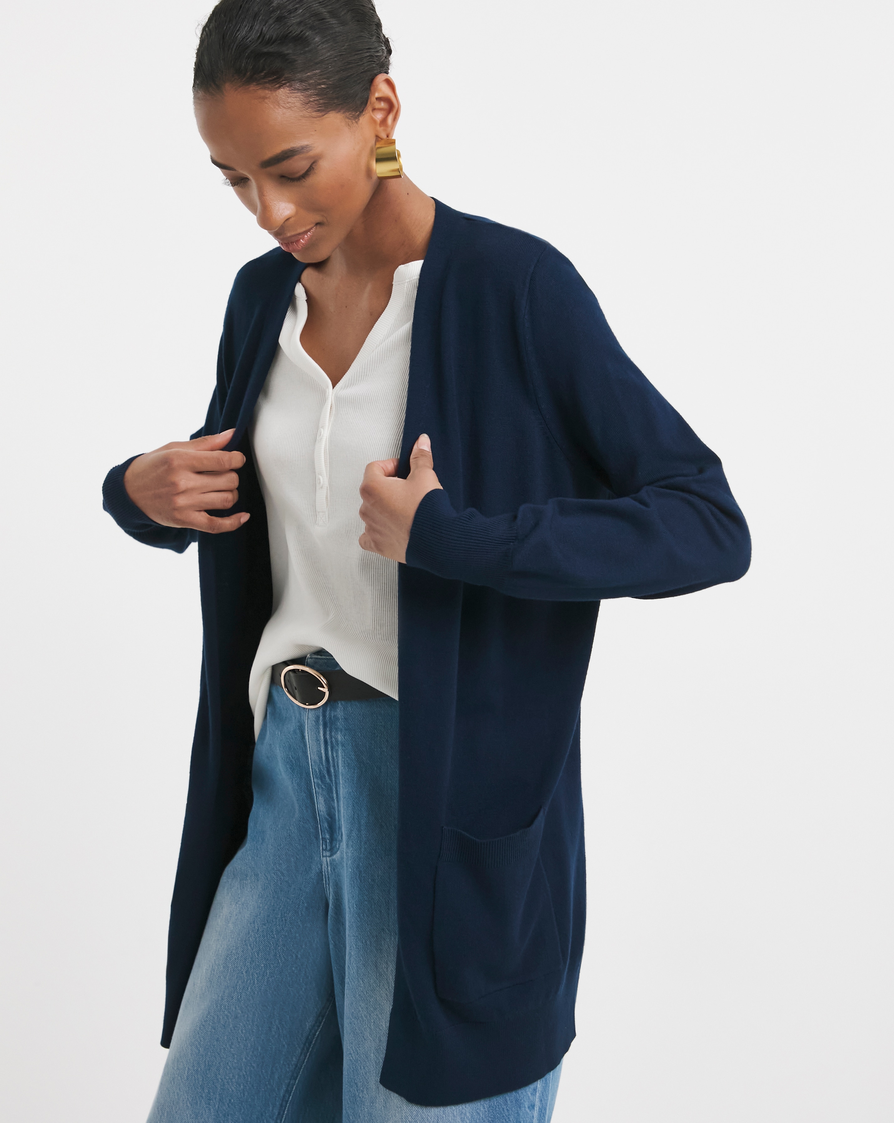 Fine Knit Navy Longline Edge To Edge Cardigan