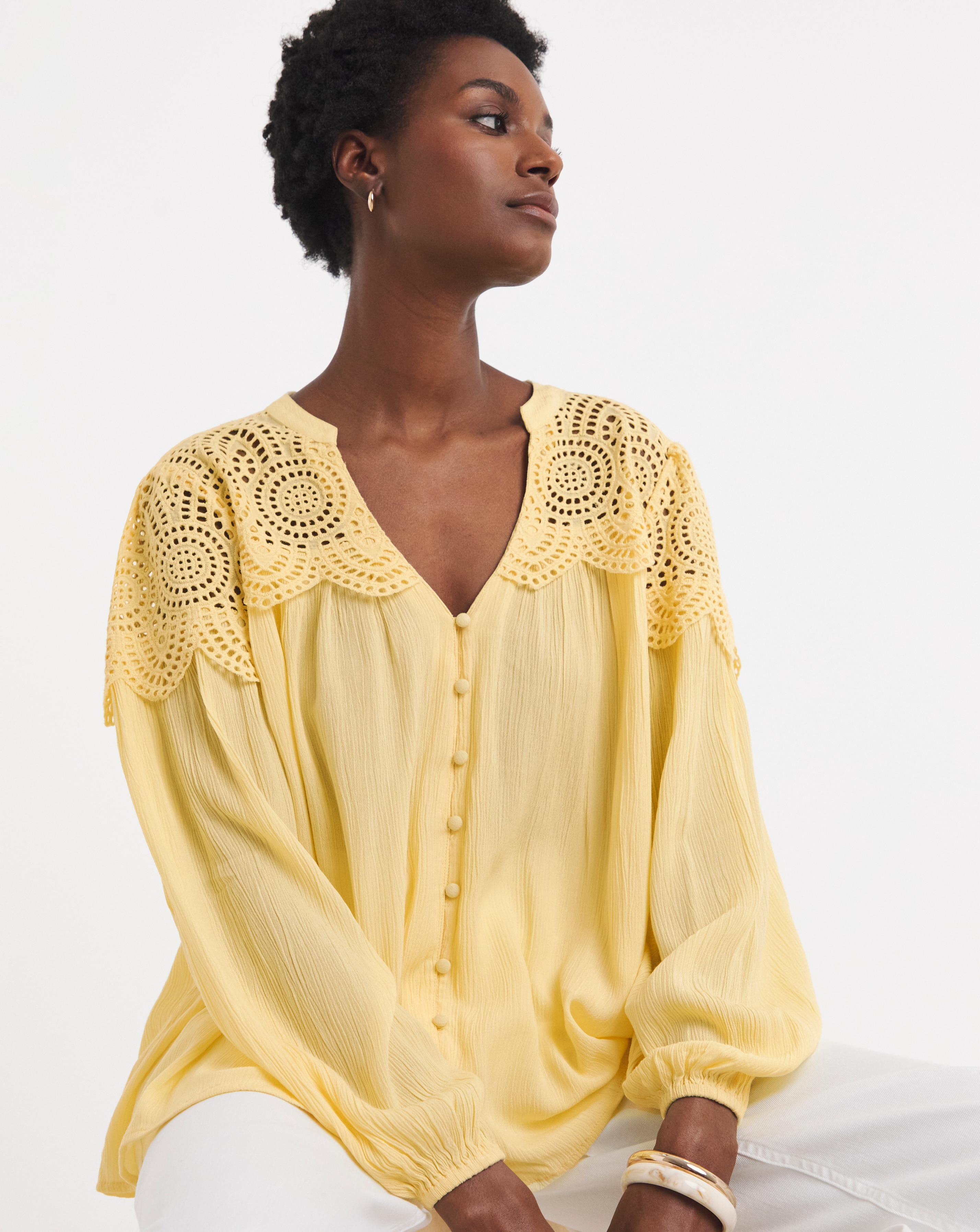 Broderie Trim Long Sleeve Blouse | JD Williams