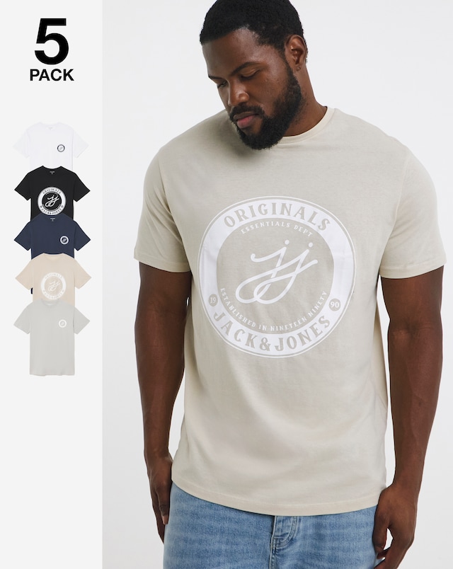 JACK & JONES Theo Logo T-Shirt 5 Pack - Multi