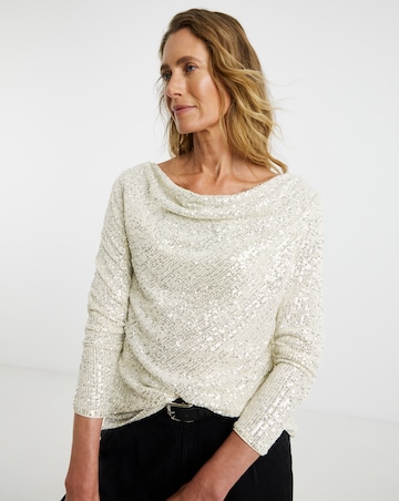 Sequin Slash Cowl Neck Long Sleeve Top