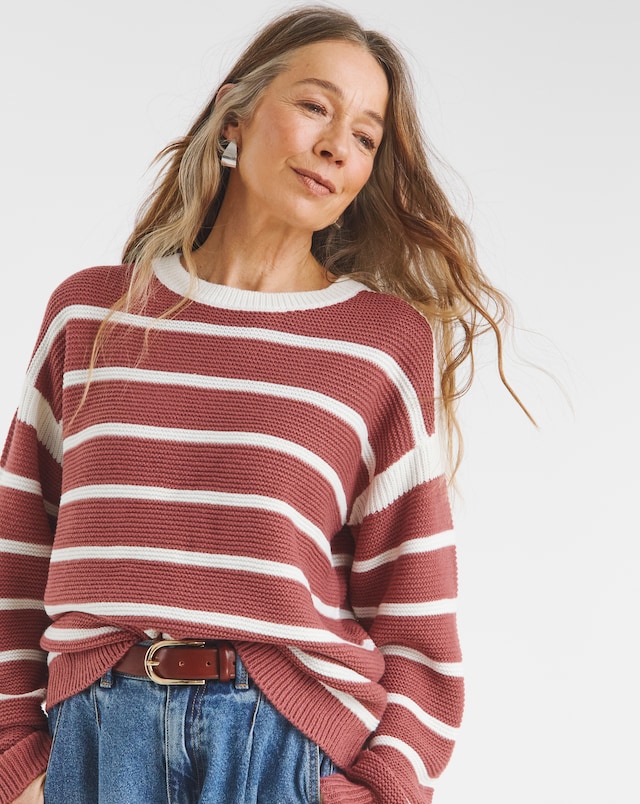 Relaxed Fit Stripe Crew Neck Jumper - Pink/White