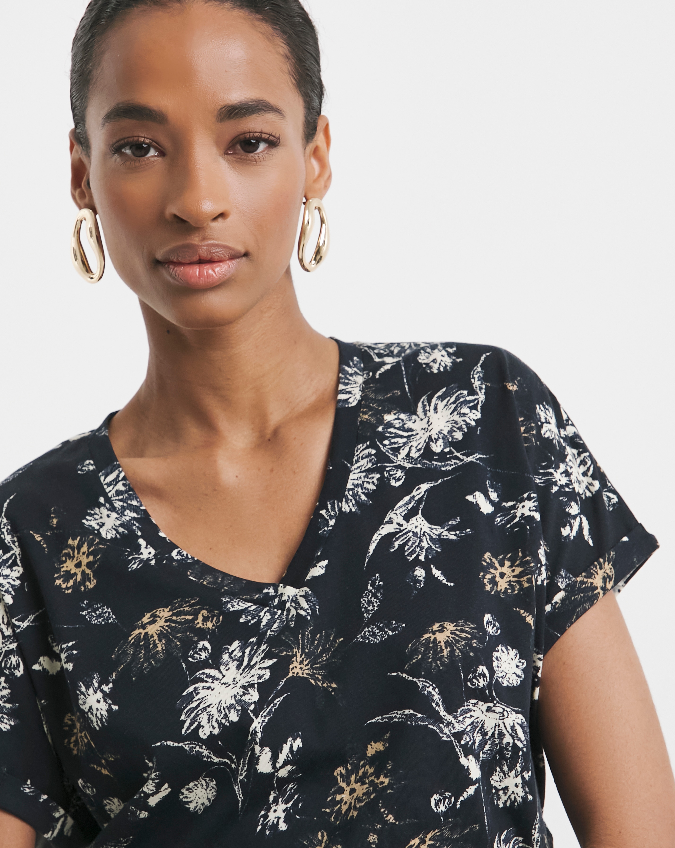 Pure Cotton Floral Print V-Neck Short Sleeve T-Shirt | JD Williams