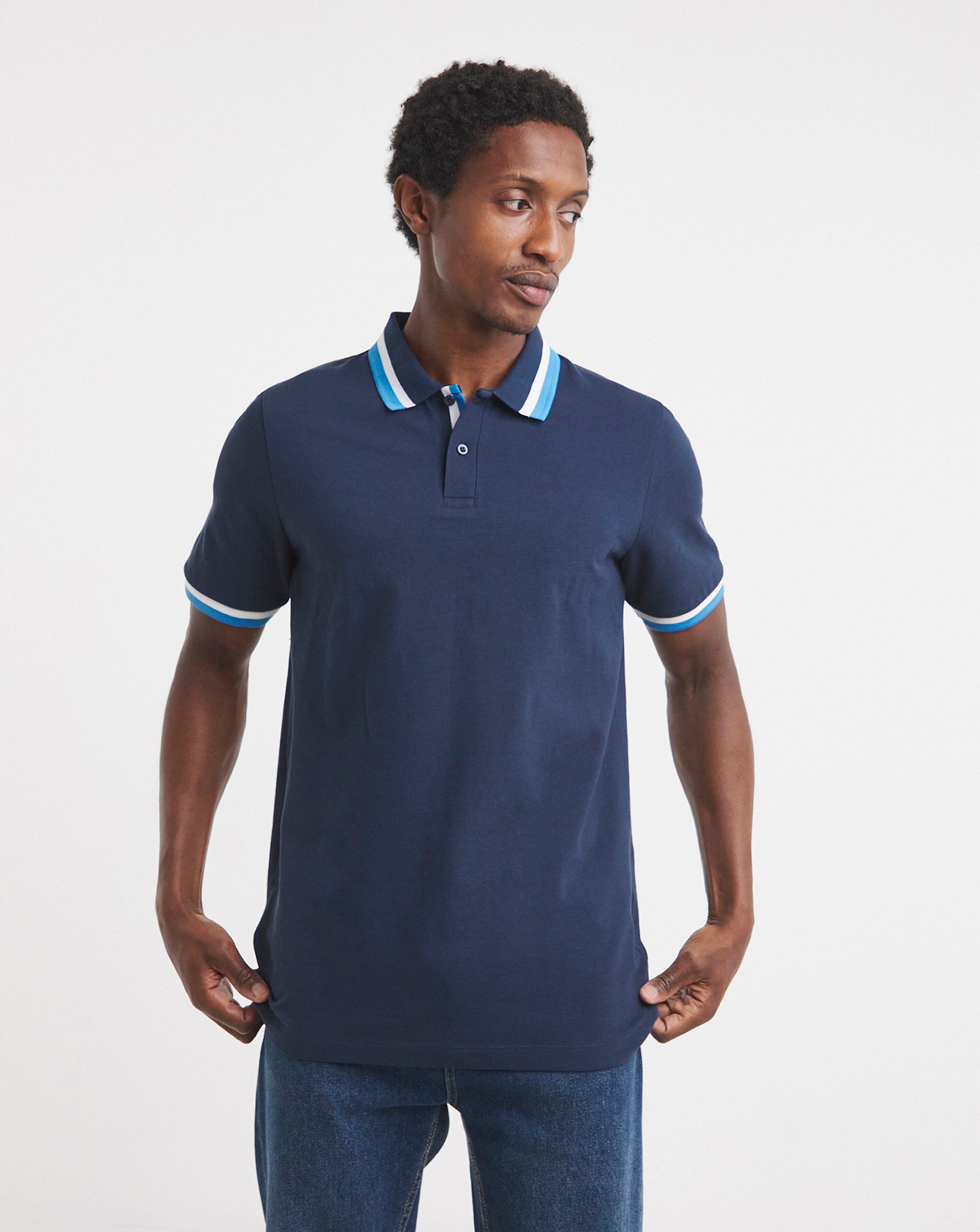 Tipped Pique Polo Long Length-Navy | JD Williams