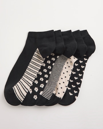 Pretty Secrets 5 Pair Pack Trainer Liner Socks Wide Fit Black Print