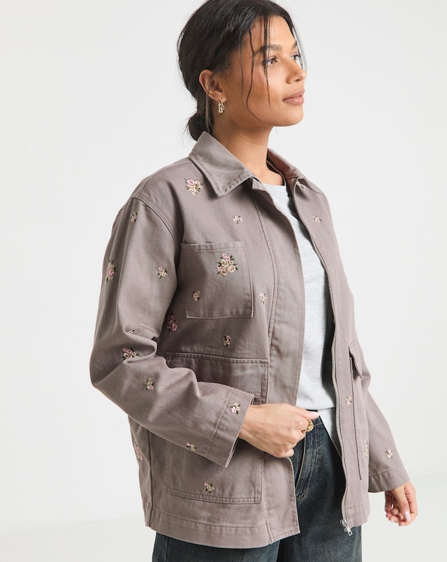 Simply Be Neutral Floral Embroidered Utility Shacket