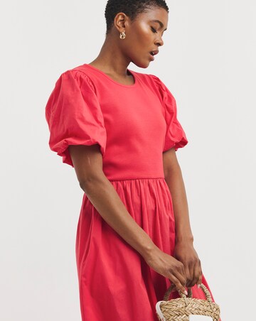 Jersey Midi Dress With Poplin Puff Sleeves
