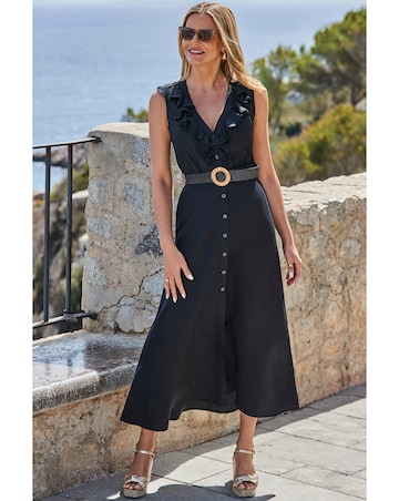 Sosandar Linen Blend Ruffle Detail Button Front Dress