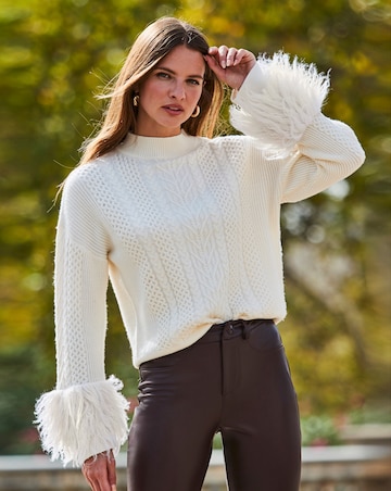 Sosandar Cream Cable High Neck Faux Fur Cuff Jumper
