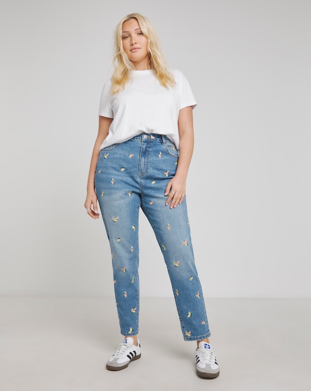 Simply Be Mid Blue Fruit Embroidered Slim Mom Jeans