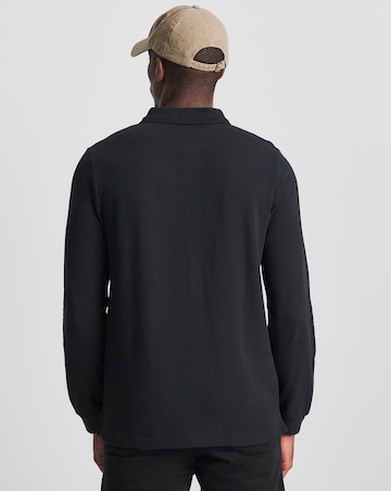 Pure Cotton Long Sleeve Pique Polo Long Length- Black