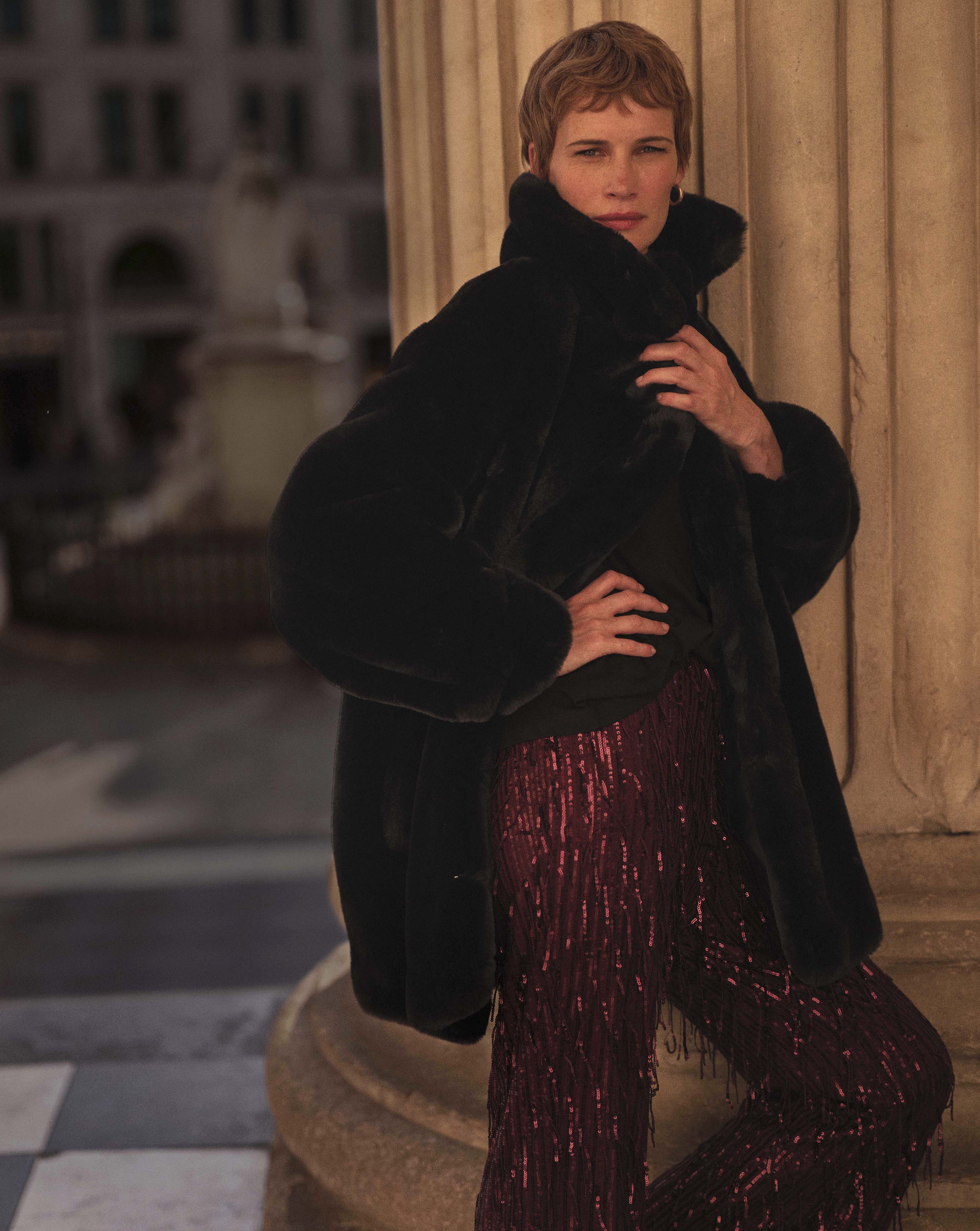 Black Plush Faux Fur Coat