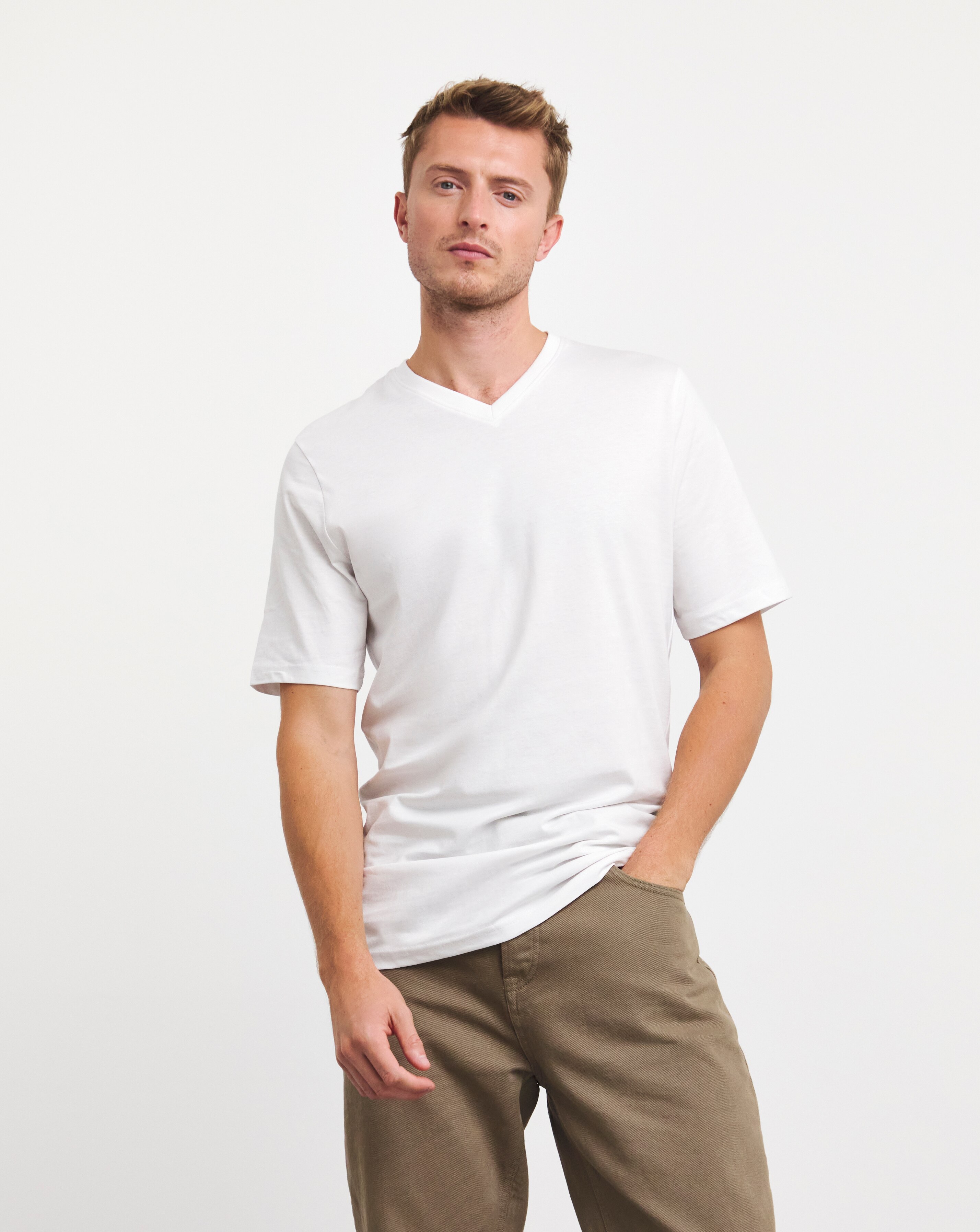 Pure Cotton V Neck T-Shirt Extra Long- White