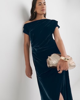 Velvet Asymmetric Neckline Midi Dress