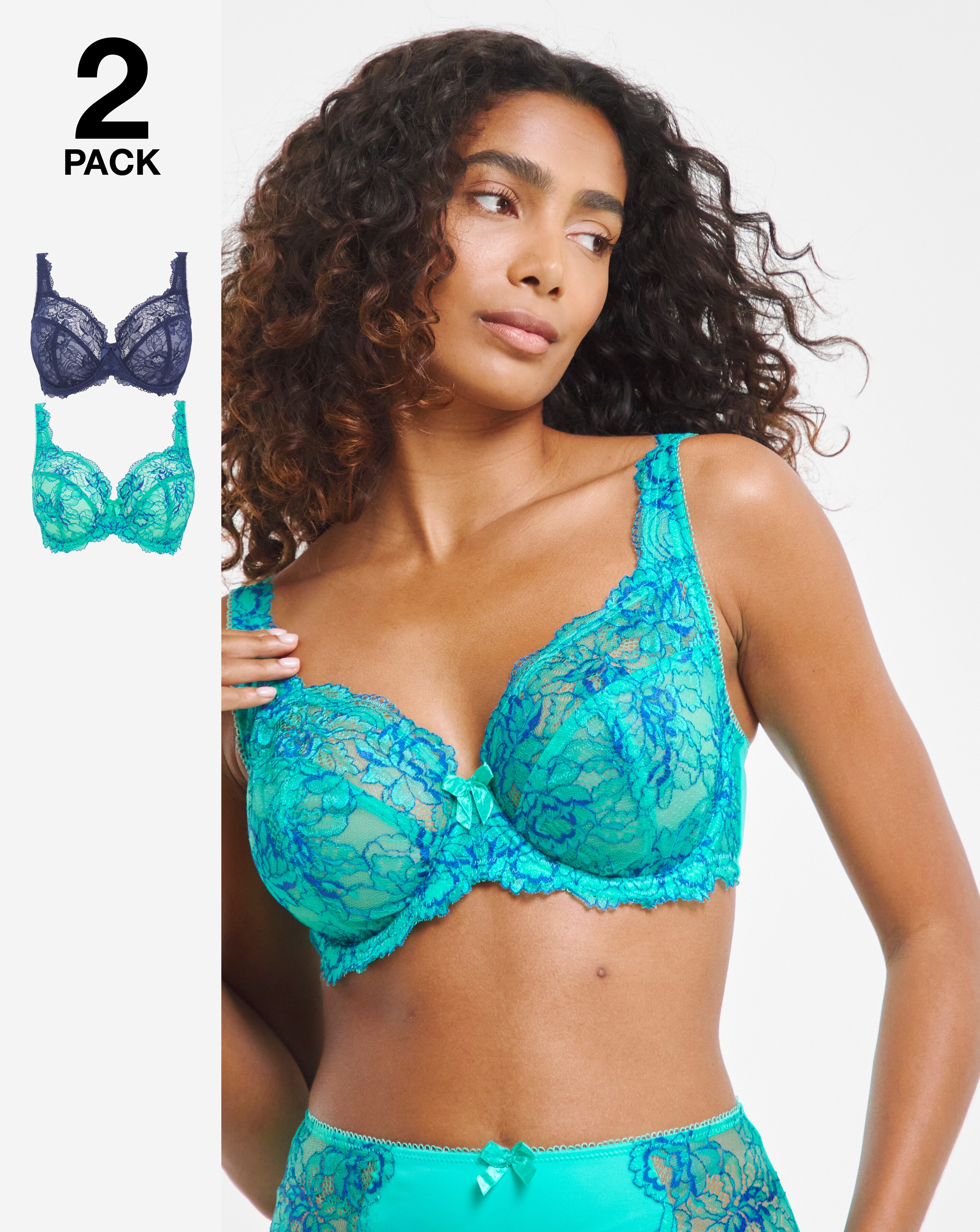 Pretty Secrets (2 Pack) Ella Lace Full Cup Wired Bras (B-H) Aqua/Blue