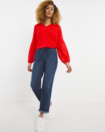 Bright Orange Long Sleeve Tie V Neck Dobby Top