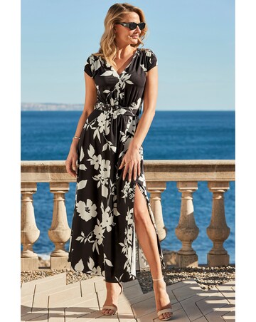 Sosandar Black Floral Print Belted Jersey Maxi Dress
