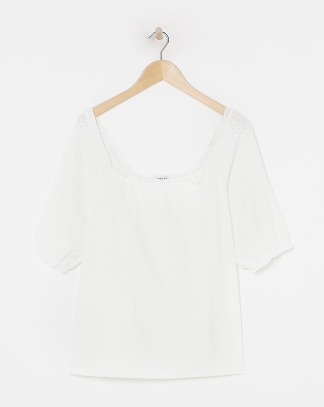 White Jersey Broderie Square Neck Top