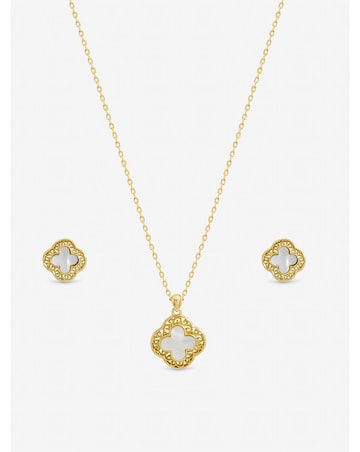 Jon Richard Gold Plated Filigree and Mother of Pearl Clover Set - Gift Box