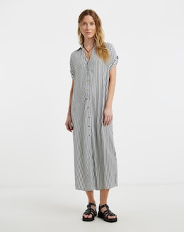 Stripe Grown On Sleeve Button Through Dress