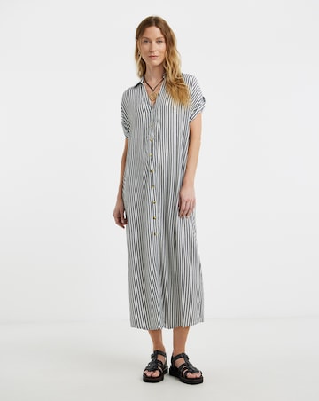 Stripe Grown On Sleeve Button Through Dress