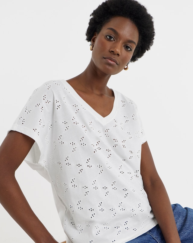 White Broderie V-Neck T-Shirt