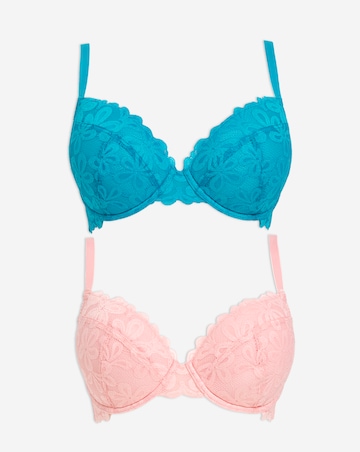Pretty Secrets (2 Pack) Daisy Lace Plunge Bras (B-F) Blue/Pink