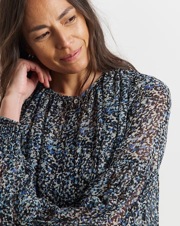 Womens Georgette Collarless Blouson Sleeve - Blue Abstract