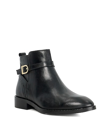Dune Pemma Black Leather Buckle Ankle Boots Wide Fit