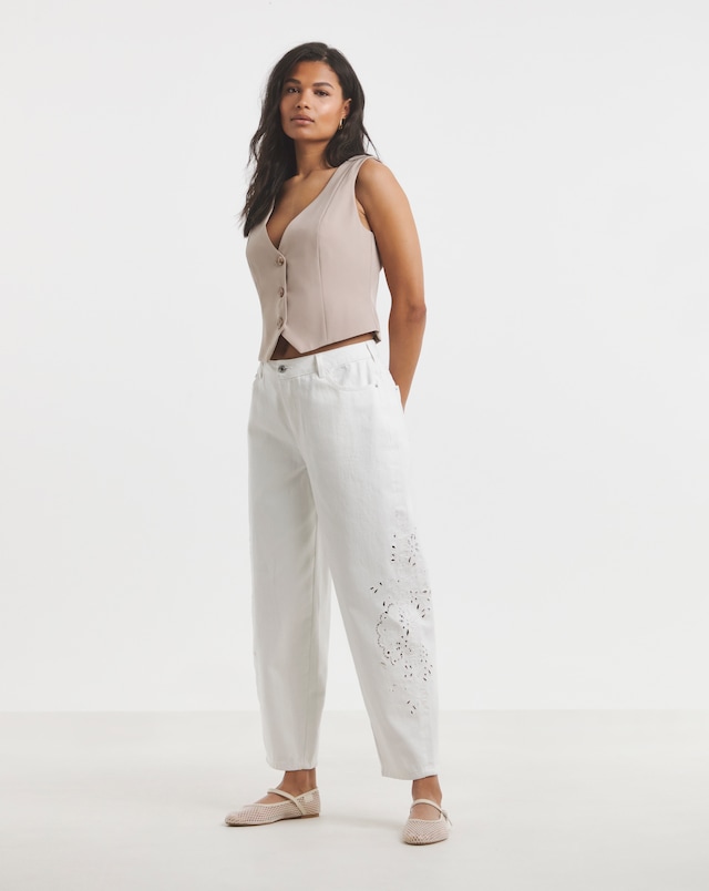 Simply Be White Broderie Detail Barrel Leg Jeans