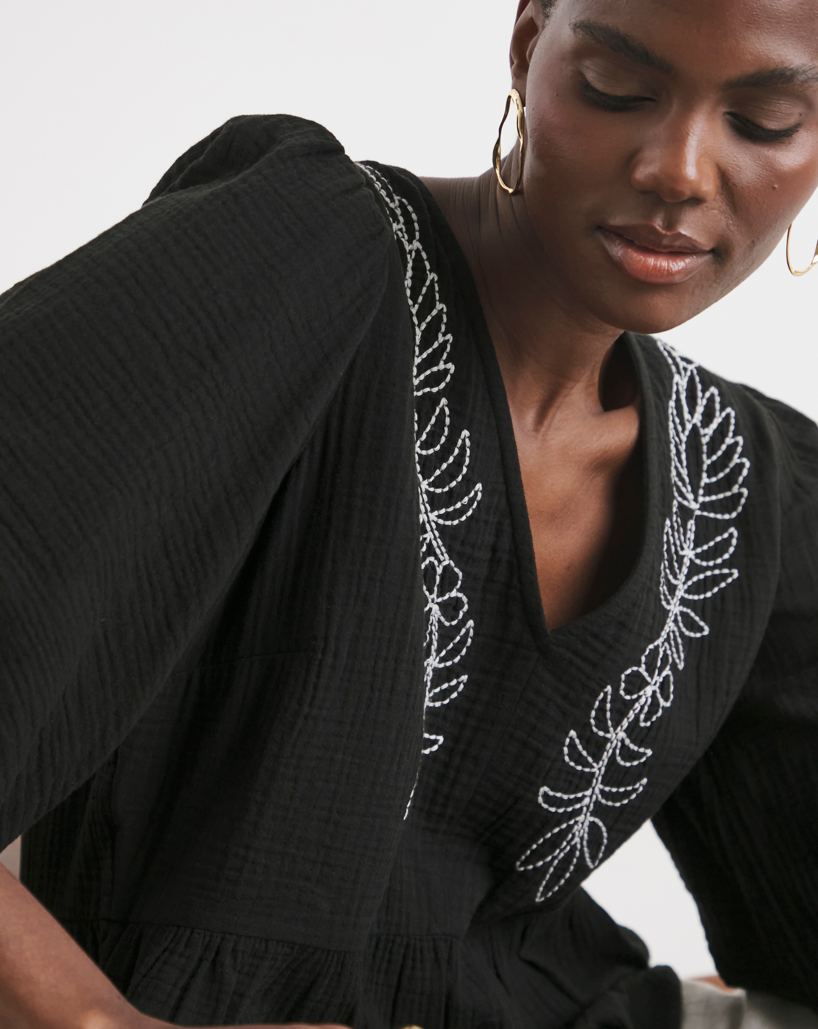 Embroidered Pure Cotton Textured Short Sleeve Smock Top | JD Williams