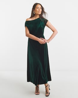 Velvet Asymetric Neckline Midi Dress