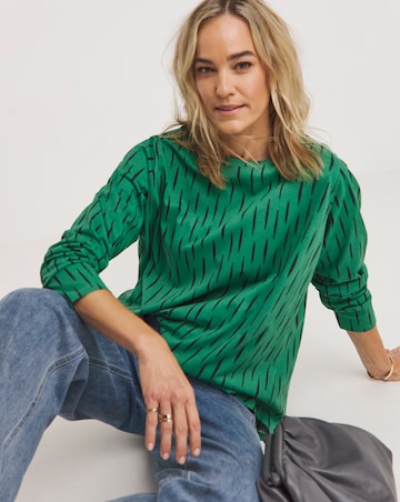 Green Print Longline Long Sleeve Curved Hem Top