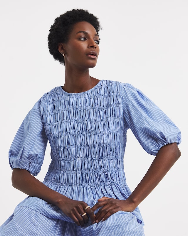 Blue Stripe Shirred Peplum Striped Blouse