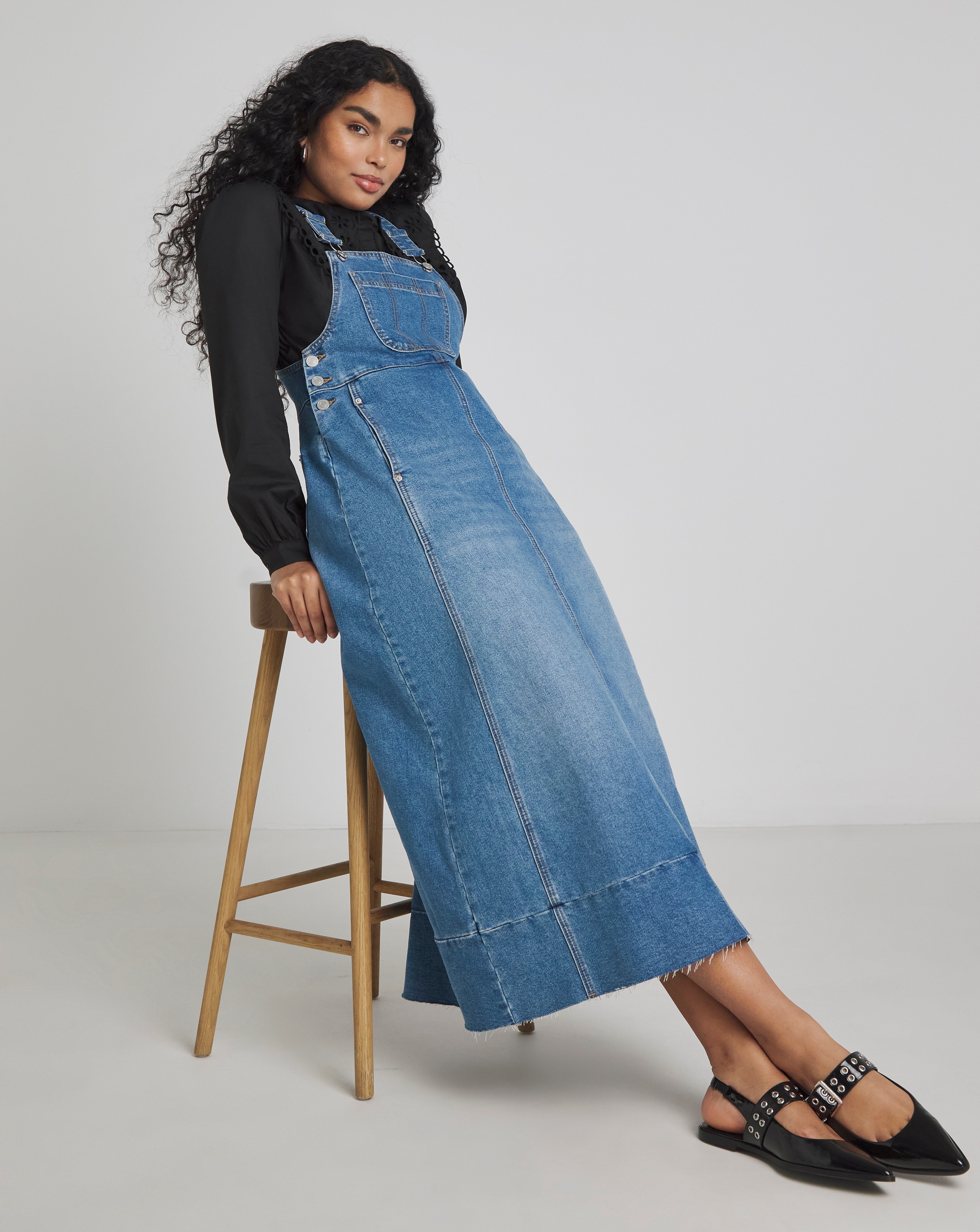 Simply Be Light Mid Blue Denim Dungaree Dress | JD Williams