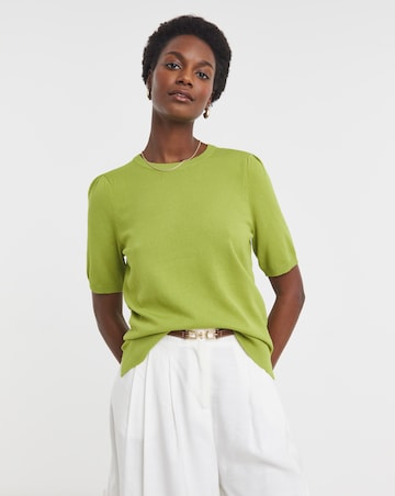 Green Crew Neck Short Puff Sleeve Jumper