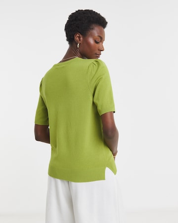 Green Crew Neck Short Puff Sleeve Jumper