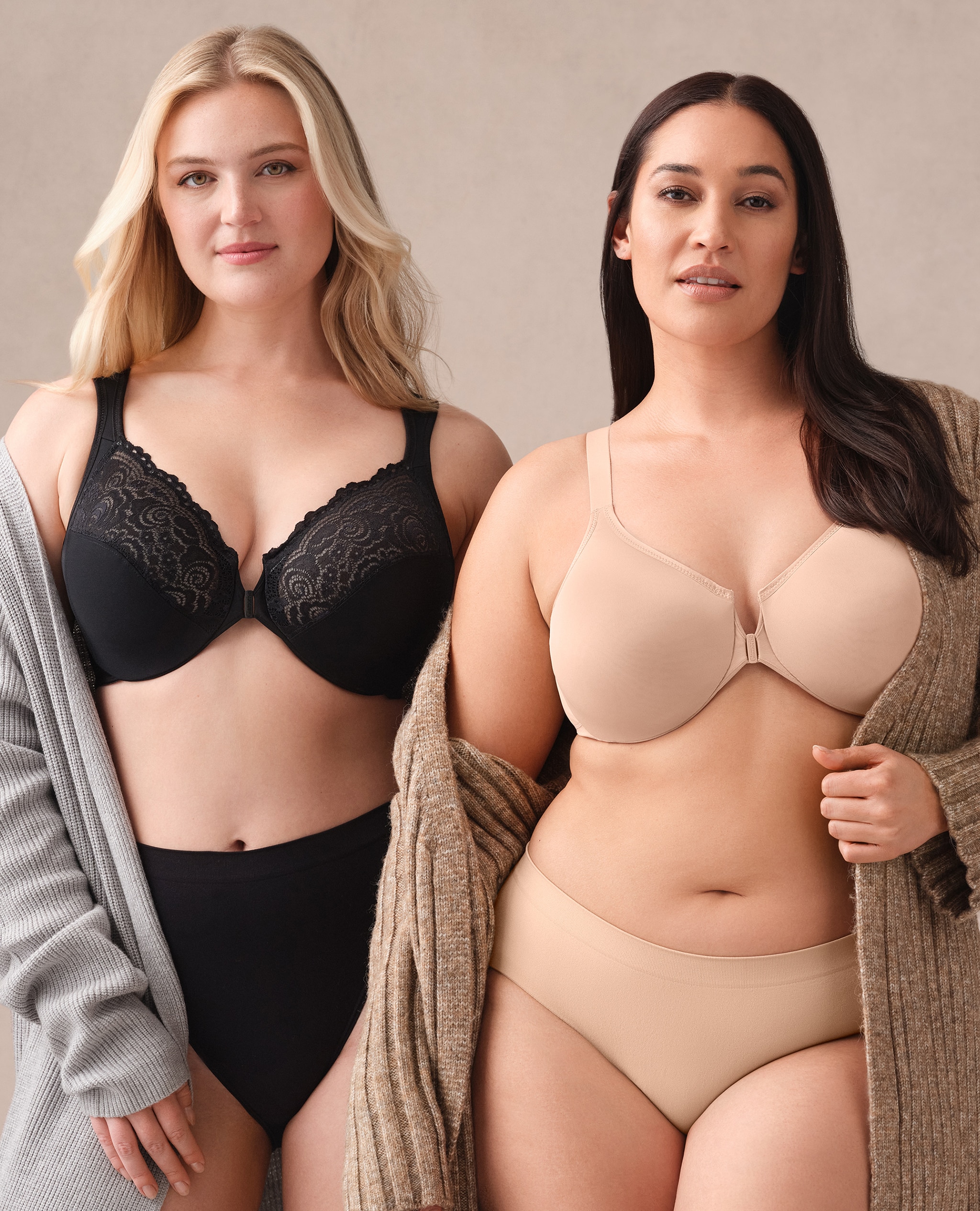 2 women wearing Glamorise black and nude underwear respectively