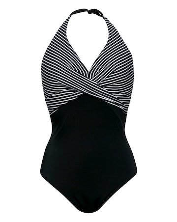 Figleaves Tailor Halter Twist Front Tummy Control Stripe Swimsuit