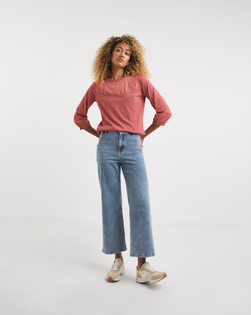 Rosewood Short Sleeve Embroidered Insert Ladder Trim Cotton Top