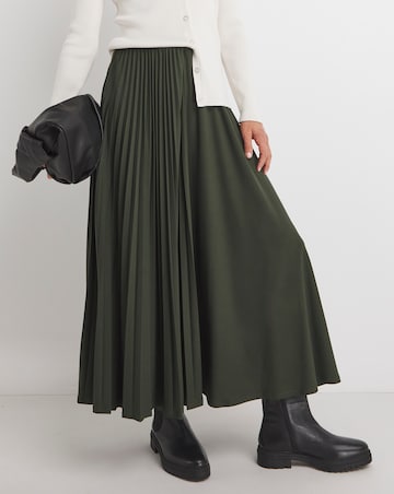 Dark Olive Pleat Front Jersey Pull On Midaxi Skirt