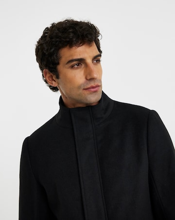 Black Wool Blend Mid Length Funnel Neck Coat