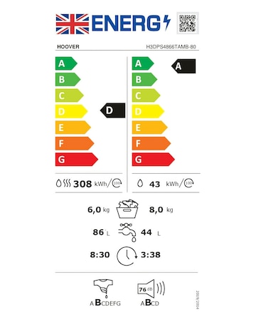 Hoover H-Wash 350 H3DPS4866TAMB-80 8+6kg Washer Dryer - White + installation