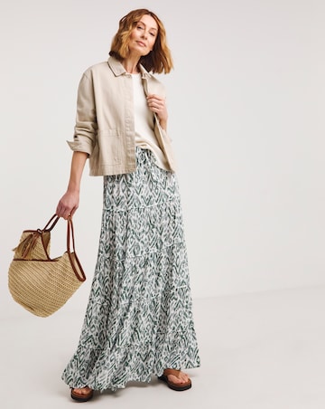 Khaki Print Crinkle Tiered Maxi Skirt