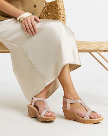 Aziz Sparkly T Bar Wedged Sandals - Extra Wide Fit (EEE)