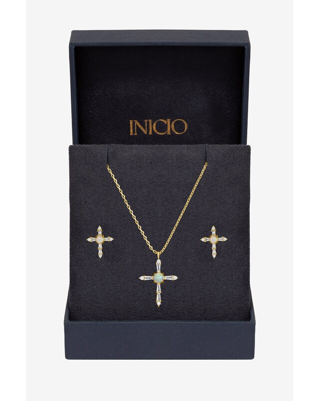 Inicio 14K Gold Plated Cubic Zirconia and Opal Cross Set - Gift Box