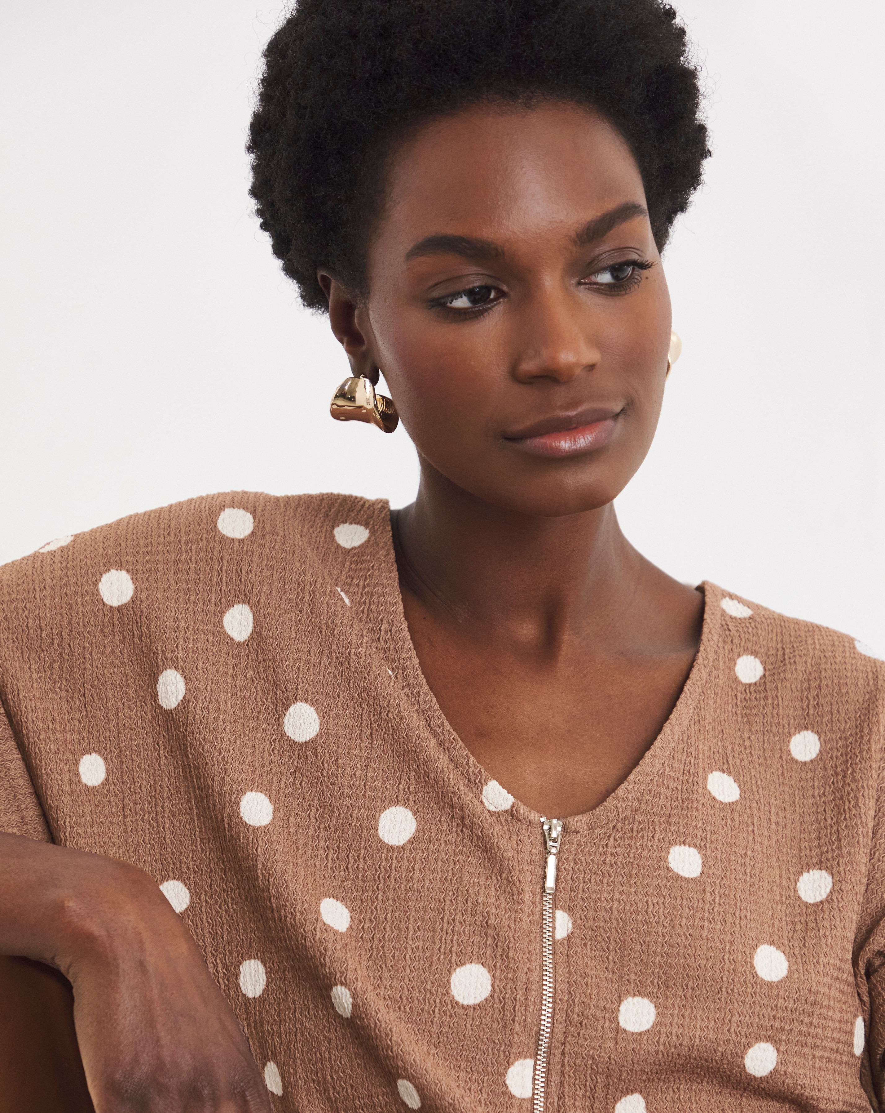 Textured V-Neck Zip Front Longline Top | JD Williams