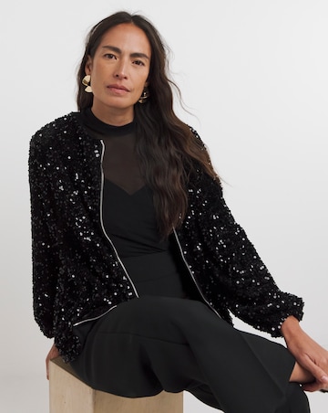 Black Sequin Bomber Jacket
