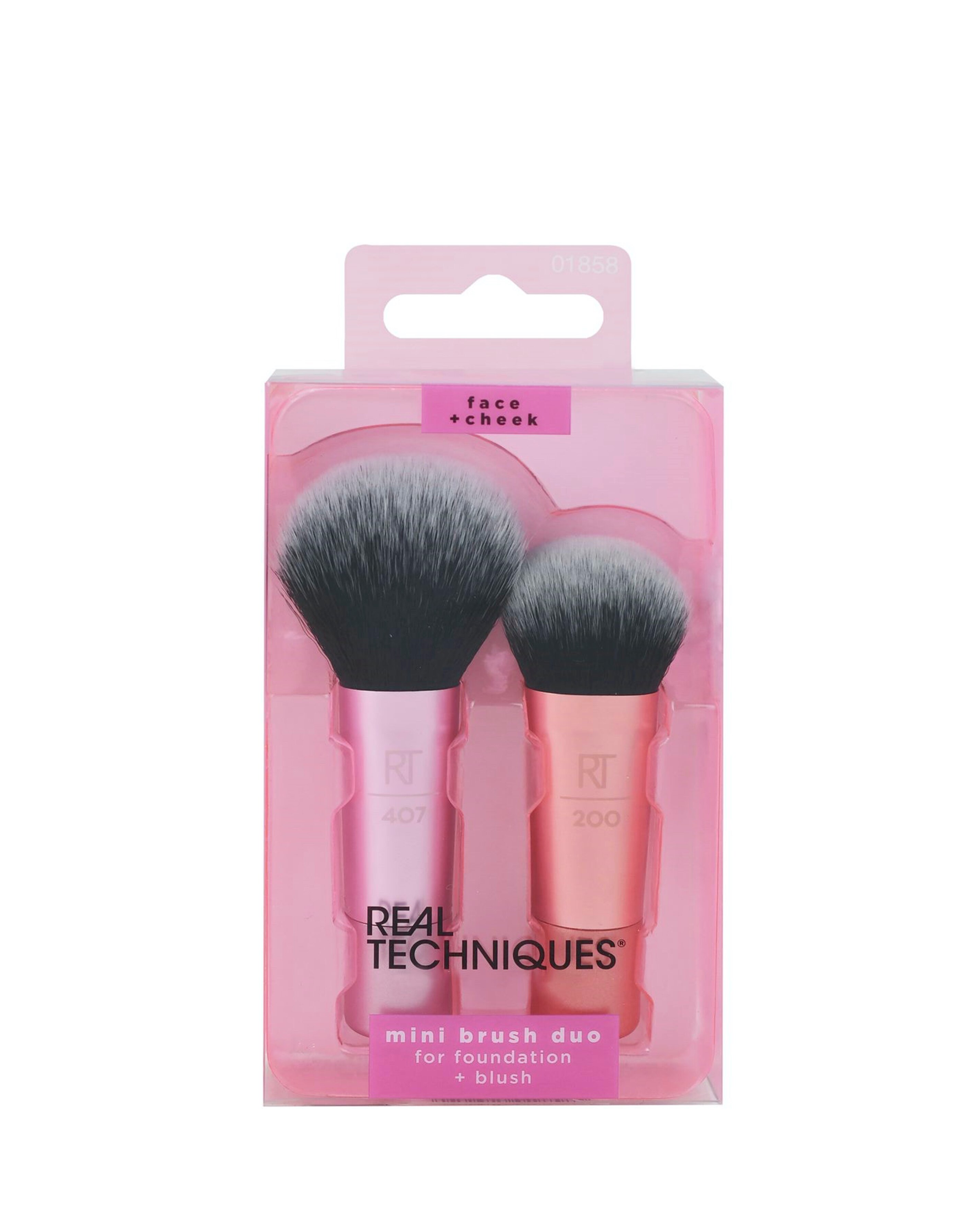 REAL TECHNIQUES Mini Travel Duo – 2-teiliges Make-up-Pinsel-Set (Mini Expert Face Brush & Miracle Teint Schwamm) – Vegan & Tierversuchsfrei